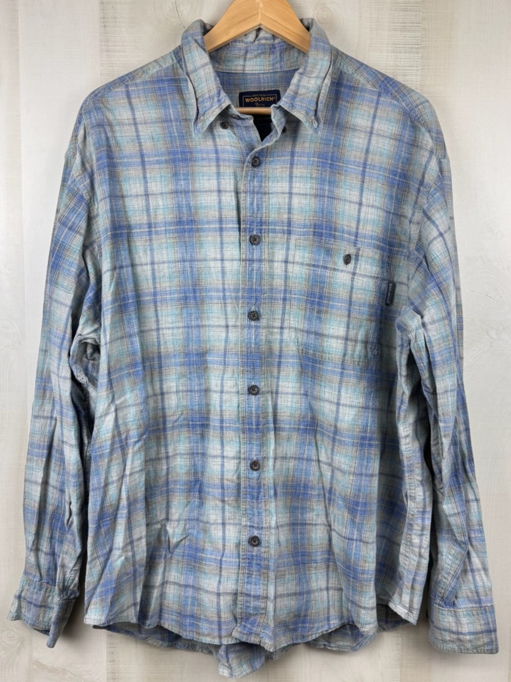 Woolrich Men’s Long Sleeve Button Up Shirt Gray Blue Plaid Lightweight XL